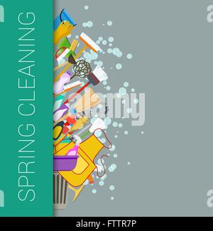 Nettoyage de printemps à la frontière verticale arrière-plan. Les fournitures de nettoyage. Outils de nettoyage. Vector Illustration de Vecteur