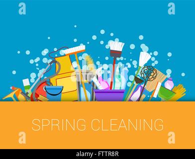 Le nettoyage de printemps. Ensemble de produits de nettoyage. Outils de composition de ménage. Vector Illustration de Vecteur