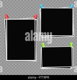 La composition des cadres photo avec des punaises sur fond transparent. Modèle de conception de scénario Illustration de Vecteur