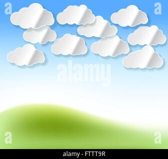 Les nuages blancs papier avec ombre résumé fond avec Sky et d'herbe de couleur. Modèle de conception de scénario Illustration de Vecteur