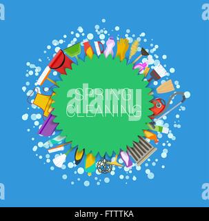 Nettoyage de printemps fond rond. Ensemble de produits de nettoyage. Outils de nettoyage. Vector Illustration de Vecteur