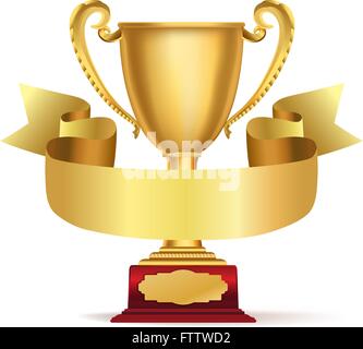 Trophée d'or et la coupe du ruban avec emplacement pour un texte sur blanc modèle de conception de scénario. Illustration de Vecteur