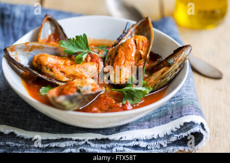 Les moules de Nouvelle-Zélande dans la tomate et sauce aux herbes Banque D'Images