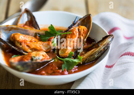 Les moules de Nouvelle-Zélande dans la tomate et sauce aux herbes Banque D'Images