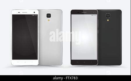 Maquette du Smartphone avant arrière avec écran blanc isolé sur fond blanc. Vector illustration. pour l'impression et web eleme Illustration de Vecteur