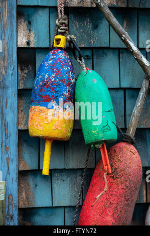 Homard colorés sur les bouées côtières un shack, Maine, USA Banque D'Images