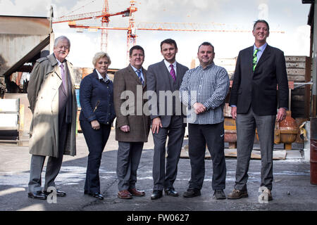 Reading, UK. Mar 31, 2016. (L-R) Porte-parole de l'Énergie de l'UKIP Roger Helmer MEP, porte-parole de l'emploi de l'UKIP Jane Collins, député européen, porte-parole de la défense de l'UKIP Mike Hookem, député européen, candidat à l'UKIP Brightside Sheffield & Hillsborough par élection, M. Steve Winstone, TIVAC Alloys Limited propriétaire Richard Matthewman, et du Yorkshire et Humber Campagne populaire Roger Exécutif Tattersall, photographié à l'TIVAC Steel & Alloys Plante, à Rotherham, dans le Yorkshire du Sud, le 31 mars 2016. Credit : Harry Whitehead/Alamy Live News Banque D'Images