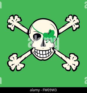 Jolly Roger a la irlandais avec shamrock vert cache-oeil, le crâne, les os et fond vert. Illustration de Vecteur