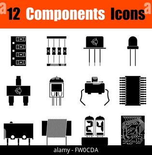 Ensemble de douze composants électroniques icônes noires. Vector illustration. Illustration de Vecteur