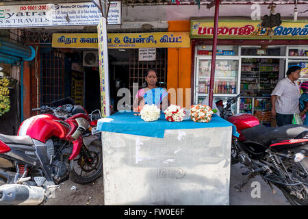 Femme vendant des fleurs d'un blocage de la route devant les magasins à Kalpakkam , Tamil Nadu, Inde Banque D'Images