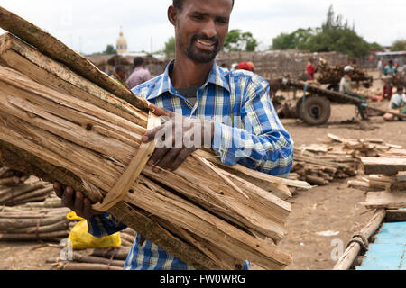 Meki Town Market, l'Éthiopie, octobre 2013 CDI Abe, 27, et l'APD, 25 Guma, la vente de bois coupé de la forêt. Banque D'Images