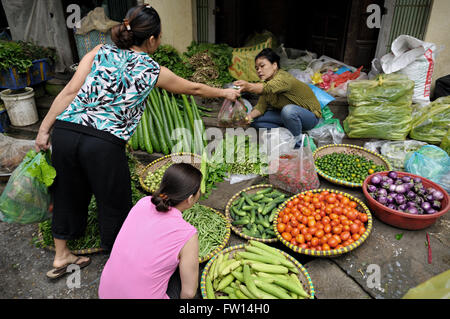 Femme vendant des légumes au marché dans le vieux quartier de Hanoi, Vietnam Banque D'Images