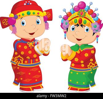 Cartoon enfants chinois portant des costumes traditionnels chinois Illustration de Vecteur