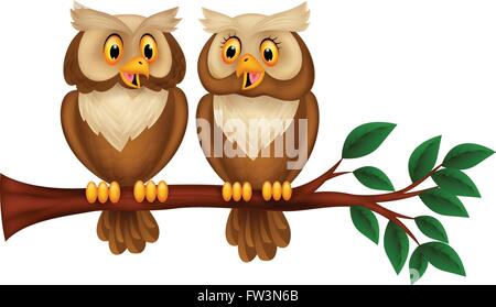 Cartoon couple hibou sur une branche Illustration de Vecteur