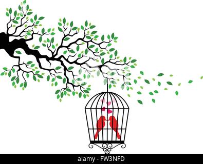 La silhouette des arbres à l'oiseau en cage Illustration de Vecteur