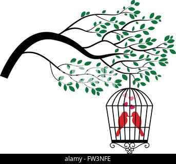 La silhouette des arbres à l'oiseau en cage Illustration de Vecteur