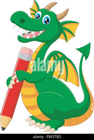 Dessin animé dragon vert holding red pencil Illustration de Vecteur