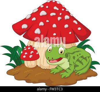 Grenouille Cartoon champignons sous pèlerin Illustration de Vecteur