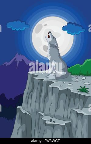 Loup hurlant sous la pleine lune. vector illustration Illustration de Vecteur