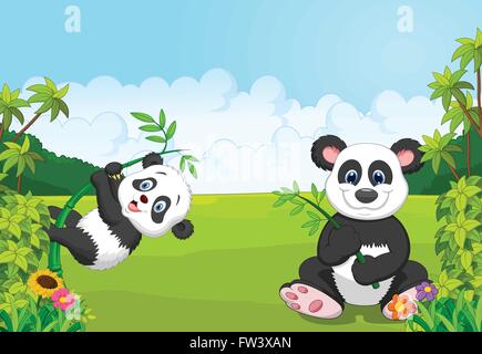 Cartoon maman et bébé panda escalade arbre bambou Illustration de Vecteur