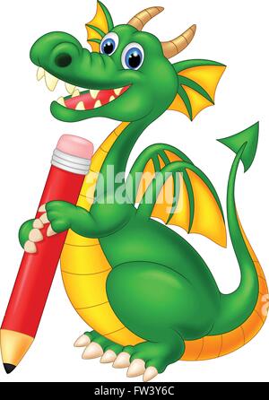 Cartoon cute dragon holding red pencil Illustration de Vecteur