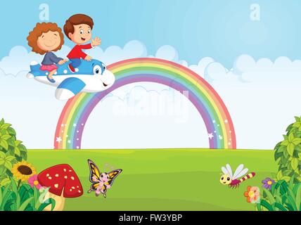 Petit enfant l'exploitation d'un avion avec rainbow Illustration de Vecteur