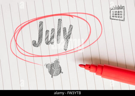 Croquis juillet remarque avec un cercle rouge et un marqueur Banque D'Images