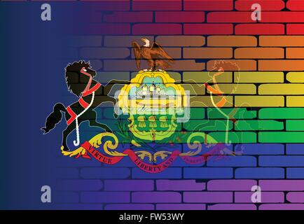 Un mur bien usé peint avec un arc-en-ciel LGBT avec le drapeau de l'état de Pennsylvanie Illustration de Vecteur