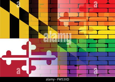 Un mur bien usé peint avec un arc-en-ciel LGBT avec le drapeau de l'état du Maryland Illustration de Vecteur