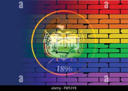 Un mur bien usé peint avec un arc-en-ciel LGBT avec le drapeau d'état de l'Utah Illustration de Vecteur