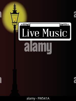 La musique en direct à l'ancienne plaque de rue rue de gaz à effet de lumière sur un fond sombre Illustration de Vecteur