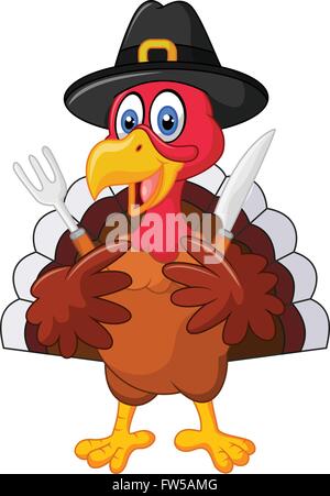 Dinde de Thanksgiving mascot tenant le couteau et la fourchette et portant un chapeau de pèlerin Illustration de Vecteur