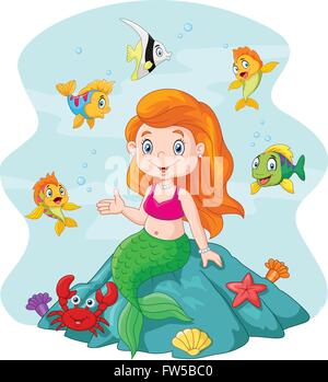 Little Mermaid assis sur le rocher entouré par les poissons Illustration de Vecteur