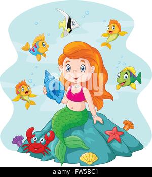 Little Mermaid holding seashell le rocher entouré par les poissons Illustration de Vecteur