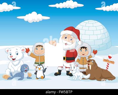 Santa Claus holding blank sign avec des amis Illustration de Vecteur