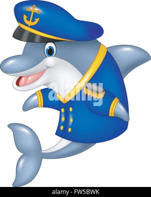 Funny Cartoon portant uniforme capitaine dolphin Illustration de Vecteur