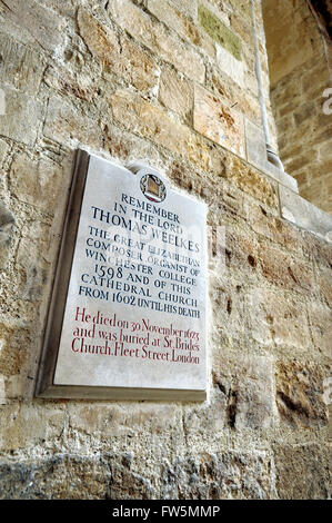 Plaque de plancher Memorial dans la Cathédrale de Chichester à Thomas Weelkes, compositeur élisabéthain ; organiste de Winchester College 1598 ; organiste dans Chichester 1602 à sa mort, le 30 novembre 1623. Il est enterré à St Bride's Church, Flotte St., London. Banque D'Images