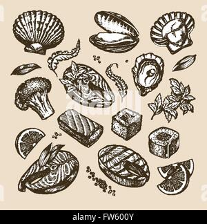 Jeu de croquis dessinés à la main, des fruits de mer. Vector illustration Illustration de Vecteur