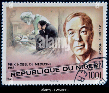 NIGER - circa 1977 : timbre imprimé au Niger montre Prix Nobel en médecine, Alan L., vers 1977 Hodgkin Banque D'Images