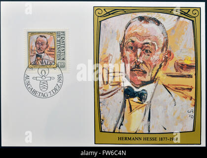 LIECHTENSTEIN - circa 1981 : timbre imprimé en Liechtenstein dédiée aux portraits de visiteurs célèbres à Liechtenstein montre qu'il Banque D'Images