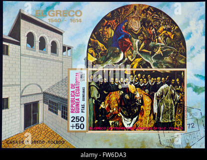 Guinée Équatoriale - VERS 1972 : un timbre imprimé en Guinée équatoriale, montre l'enterrement du comte Orgaz par El Greco, vers 1972