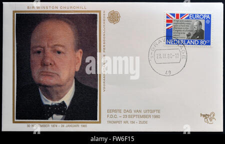 HOLLAND - VERS 1980 : timbre imprimé aux Pays-Bas montre sir Winston Churchill, vers 1980 Banque D'Images