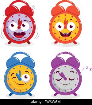 Un ensemble de quatre personnages de réveils heureux. Une sonnerie, un sourire, un clin d'œil et un réveil de sommeil. Illustration vectorielle Illustration de Vecteur
