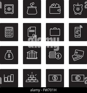 Argent et finances ligne connexes icons set, négatif dans les cases noires Illustration de Vecteur