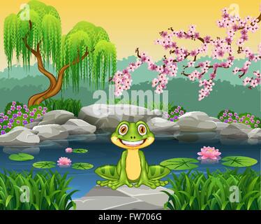 Cartoon funny frog assis sur le rocher Illustration de Vecteur