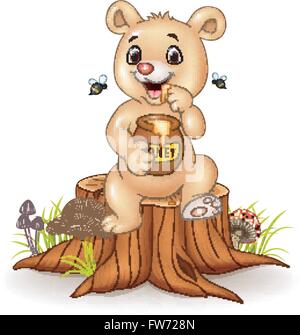 Mignon petit ours miel tenue sur souche d'arbre Illustration de Vecteur