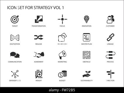 L'icône de la stratégie définie. Divers symboles pour les sujets stratégiques comme cible, obstacle, direction, focus, le réalignement, insight Illustration de Vecteur