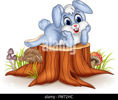 Bunny Cartoon posing on tree stump Illustration de Vecteur