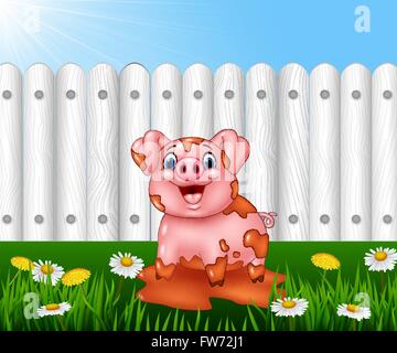 Cute Cartoon cochon dans le jardin Illustration de Vecteur