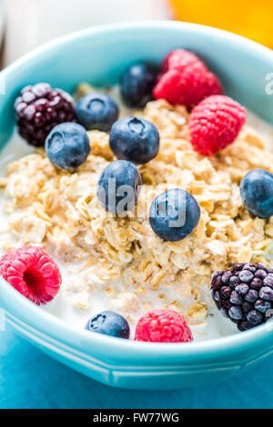 Fermer vie, rafraîchissant l'été le petit déjeuner. Le porridge, des fruits dans un bol bleu pastel. Banque D'Images